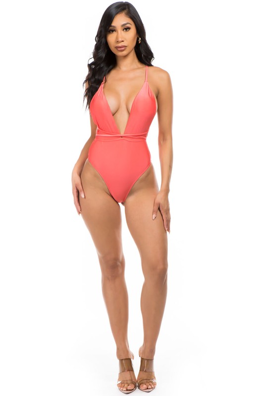 Linda Plunge Neck Waist Detail One Piece Swimsuit