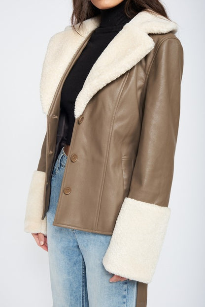 Noemi Belted Faux Shearling Trim faux Leather Coat