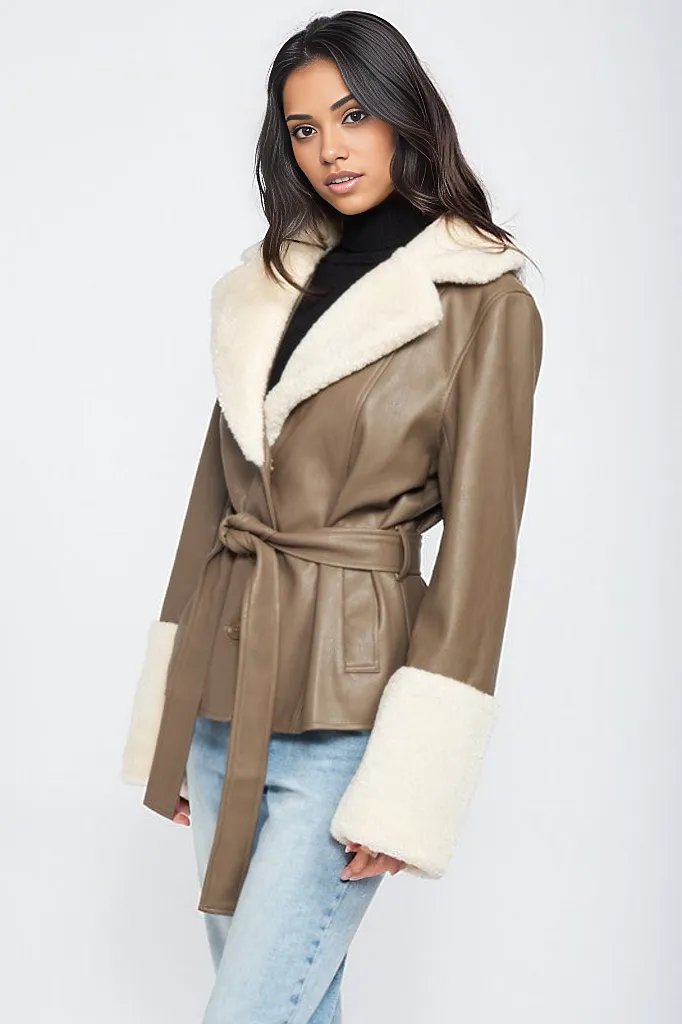 Noemi Belted Faux Shearling Trim faux Leather Coat