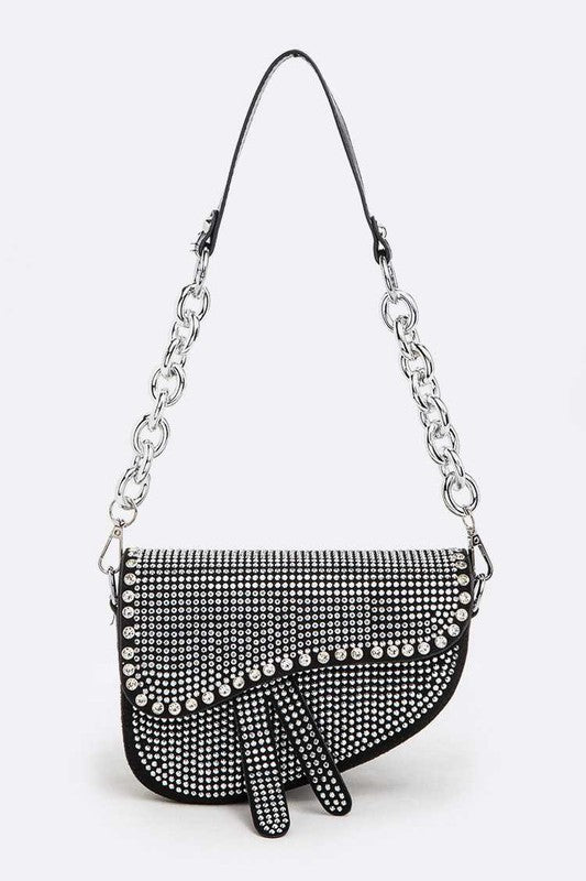 Rockstar Rhinestones Details Chain Shoulder Saddle Bag