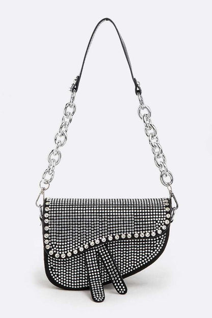 Rockstar Rhinestones Details Chain Shoulder Saddle Bag