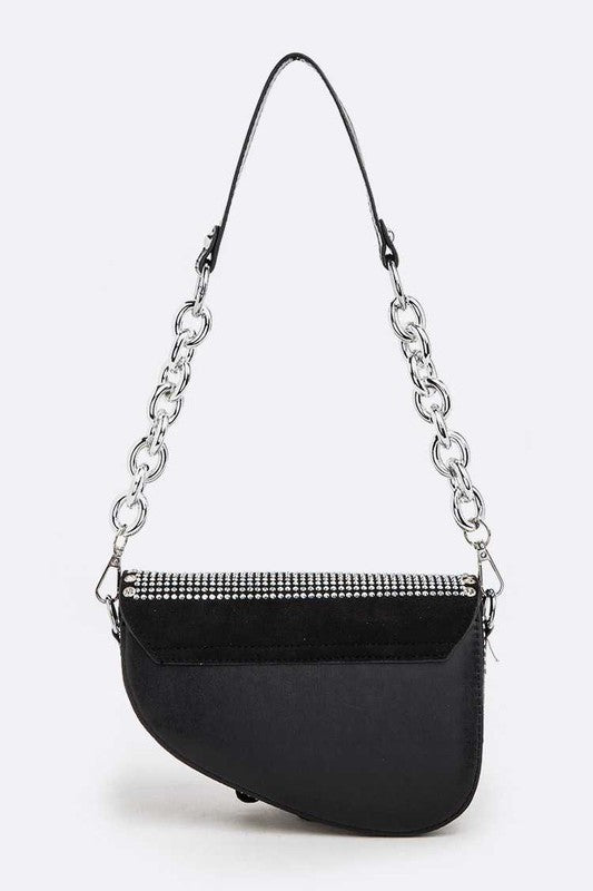 Rockstar Rhinestones Details Chain Shoulder Saddle Bag