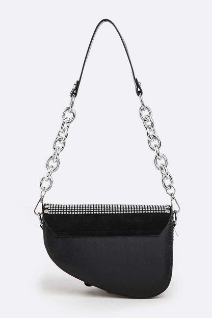 Rockstar Rhinestones Details Chain Shoulder Saddle Bag