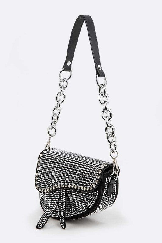 Rockstar Rhinestones Details Chain Shoulder Saddle Bag