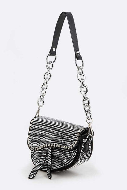 Rockstar Rhinestones Details Chain Shoulder Saddle Bag