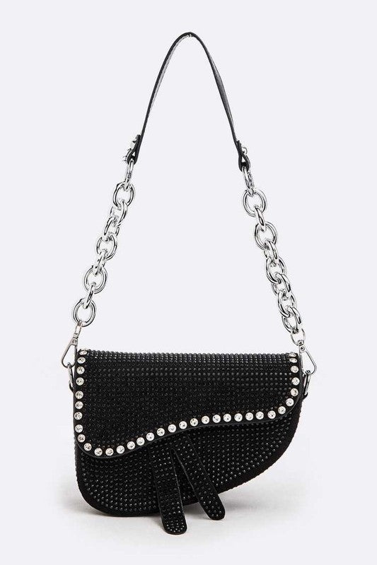 Rockstar Rhinestones Details Chain Shoulder Saddle Bag
