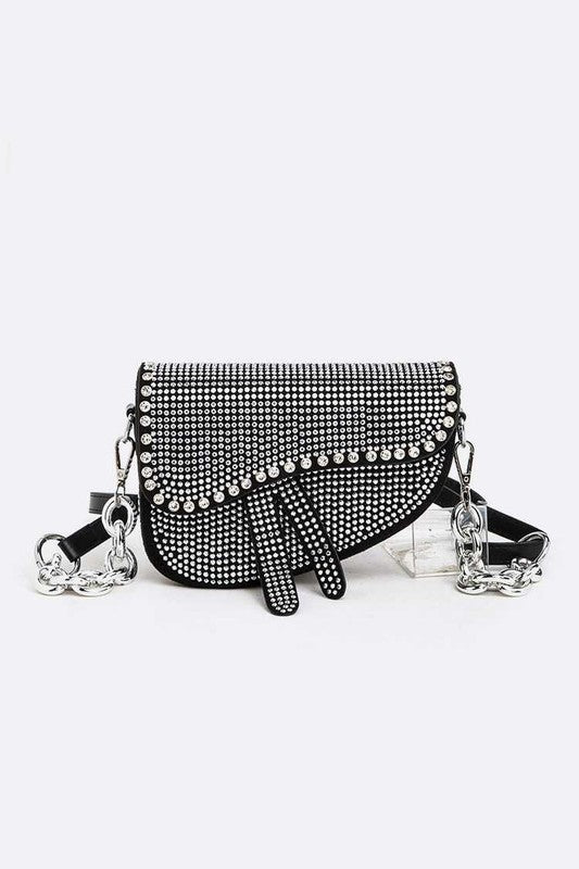 Rockstar Rhinestones Details Chain Shoulder Saddle Bag