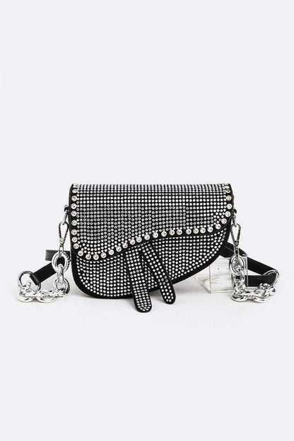 Rockstar Rhinestones Details Chain Shoulder Saddle Bag