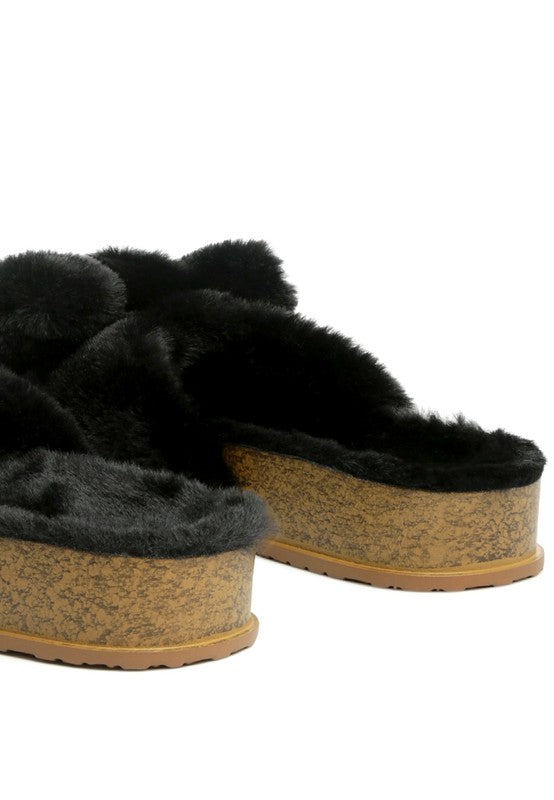 Staying In Cozy Faux Fur Bow Flatform Slides