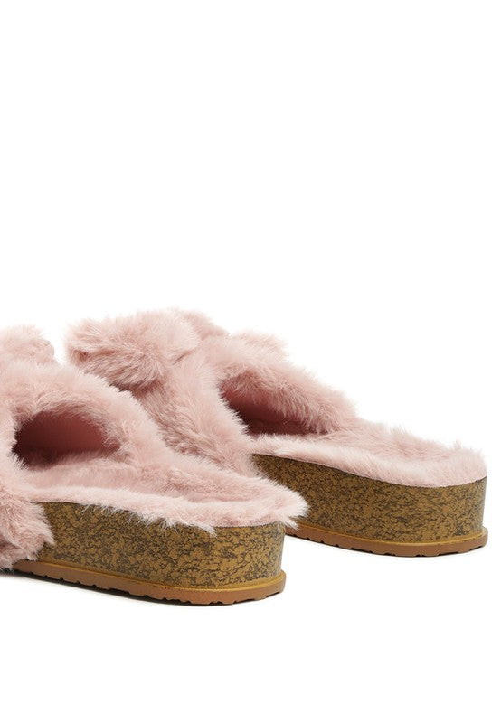 Staying In Cozy Faux Fur Bow Flatform Slides