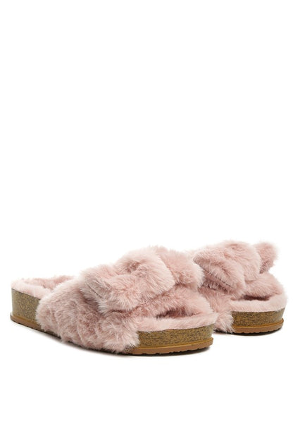 Staying In Cozy Faux Fur Bow Flatform Slides