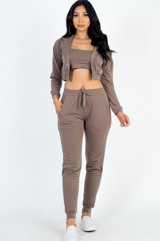 Casual Basics Cropped Jacket, Cami & Joggers 3 Piece Lounge Set