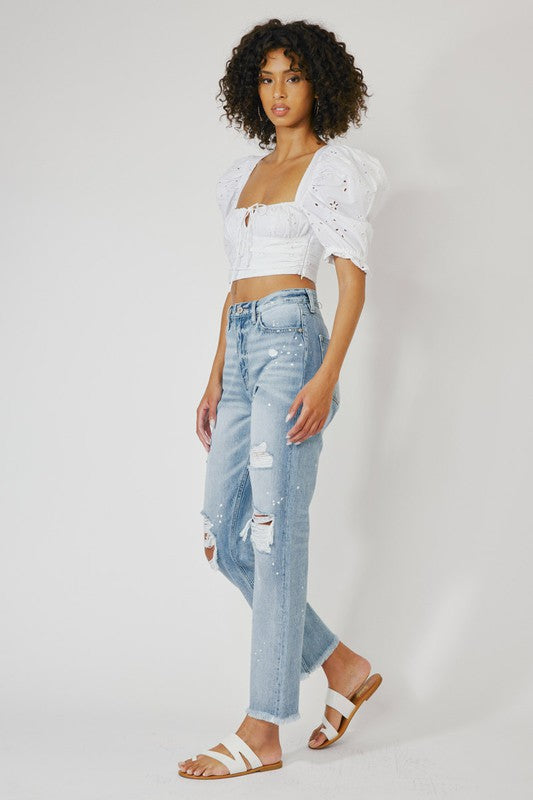 Delilah High Rise Distressed Straight Leg Jeans