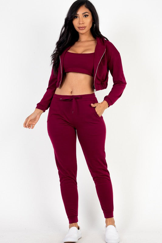 Casual Basics Cropped Jacket, Cami & Joggers 3 Piece Lounge Set
