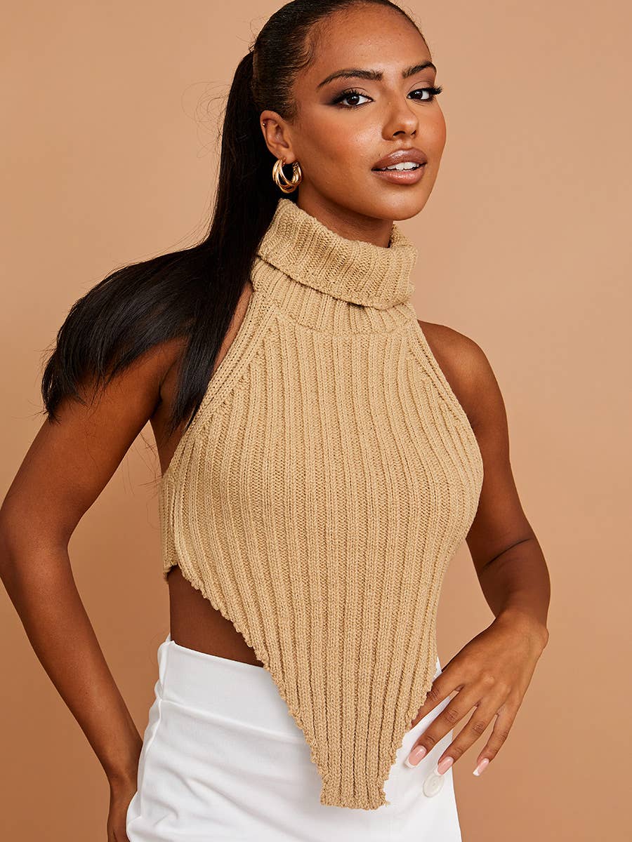 Trendsetter Asymmetric Hem High Neck Crop Top