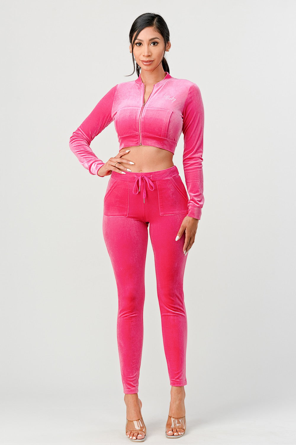 Baby Sugah Y2K Bedazzled Velour Crop Top And Pant Set