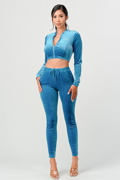 Baby Sugah Y2K Bedazzled Velour Crop Top And Pant Set
