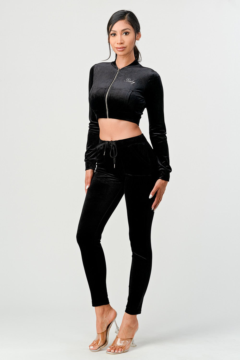 Baby Sugah Y2K Bedazzled Velour Crop Top And Pant Set