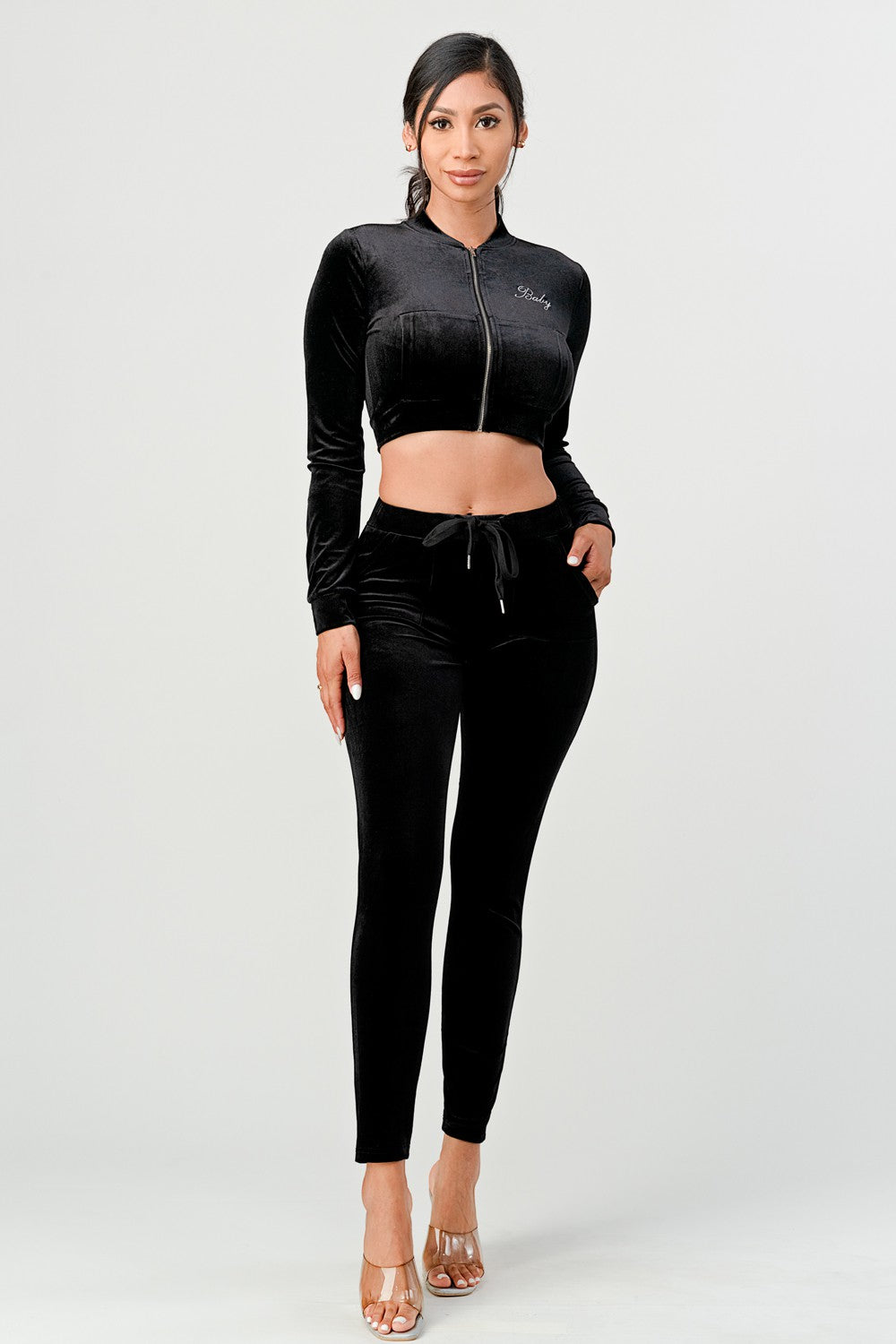 Baby Sugah Y2K Bedazzled Velour Crop Top And Pant Set