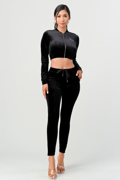 Baby Sugah Y2K Bedazzled Velour Crop Top And Pant Set