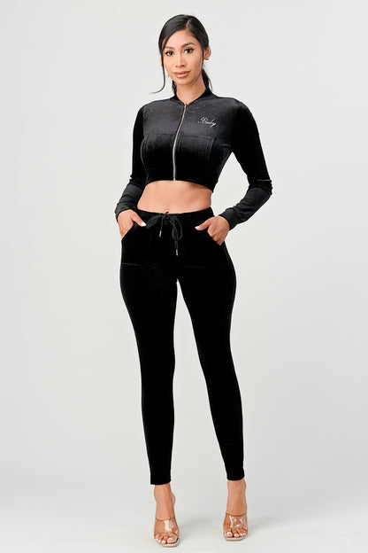 Baby Sugah Y2K Bedazzled Velour Crop Top And Pant Set