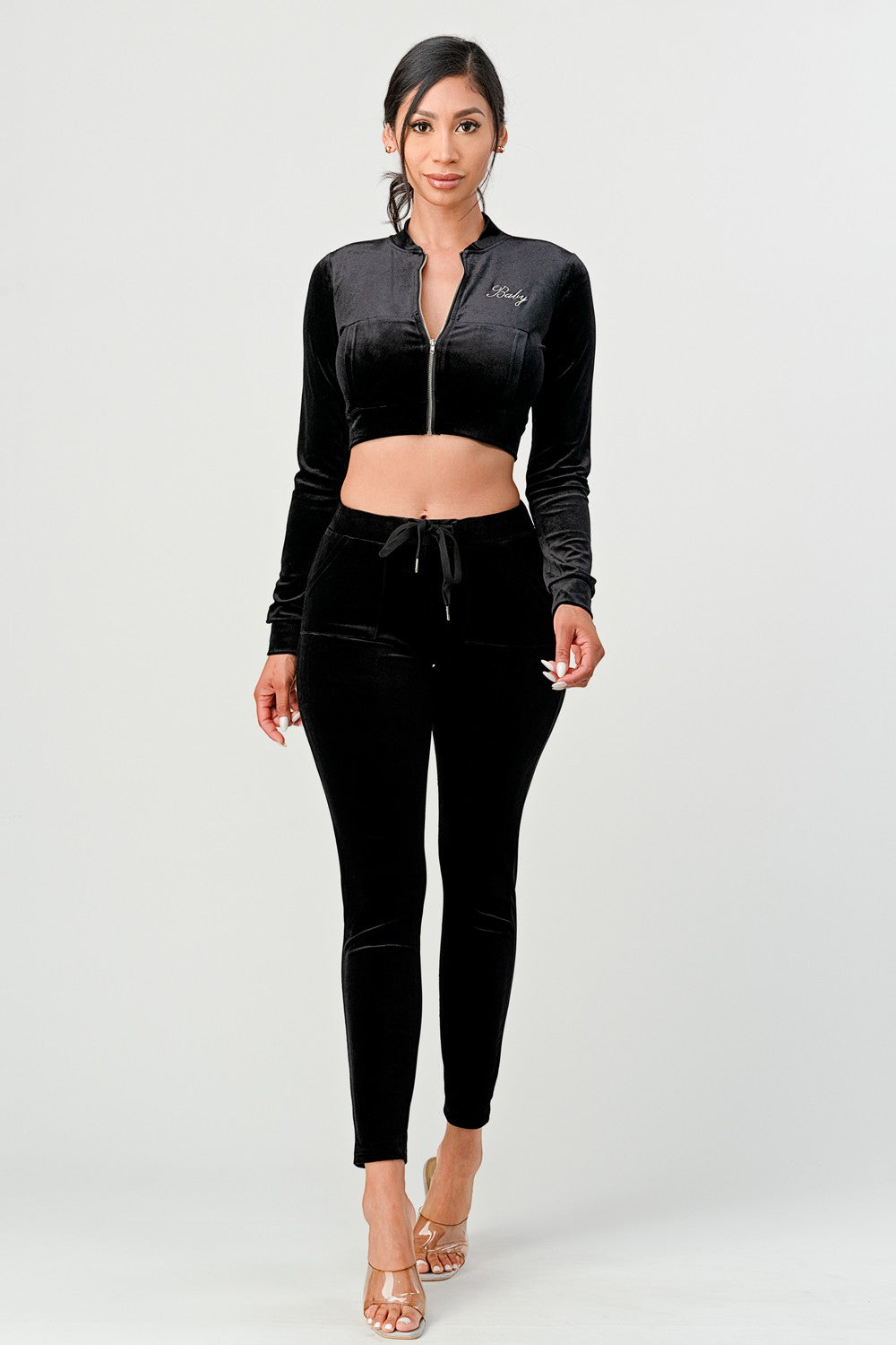 Baby Sugah Y2K Bedazzled Velour Crop Top And Pant Set