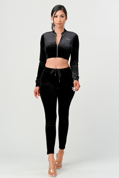 Baby Sugah Y2K Bedazzled Velour Crop Top And Pant Set