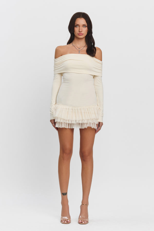 Cynthia Foldover Long Sleeve Flounce Ruffle Hem Mini Dress