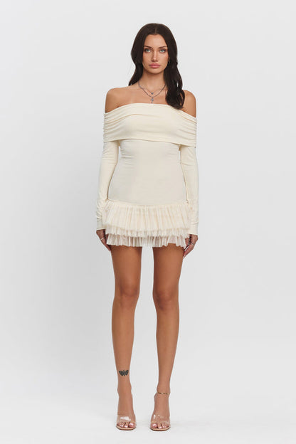 Cynthia Foldover Long Sleeve Flounce Ruffle Hem Mini Dress