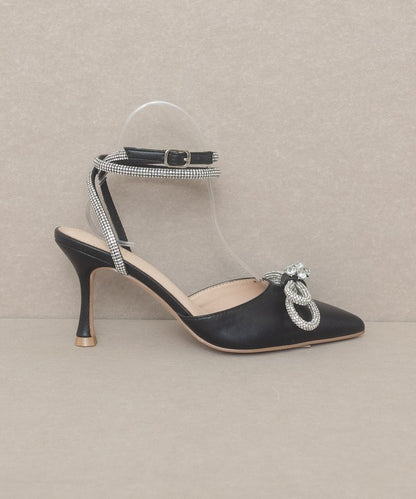 Chelsea Diamanté Bow Ankle Strap Pointed-Toe Pumps