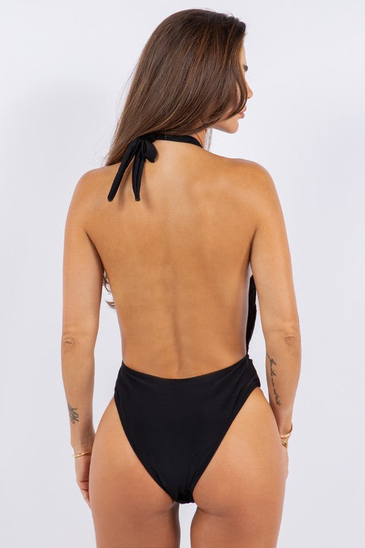 Valentina Deep V Neck Gold Detail Open Back Swimsuit