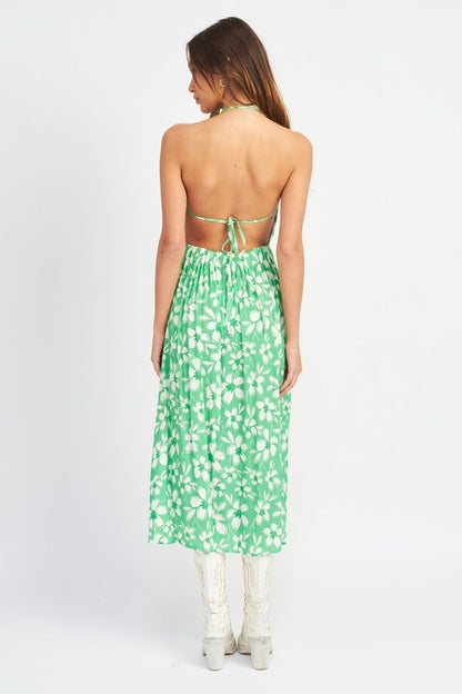 Smitten Open Back Floral Print Halter Maxi Dress
