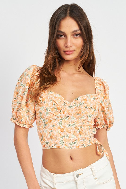 Prima Floral Print Puff Sleeves Cropped Top