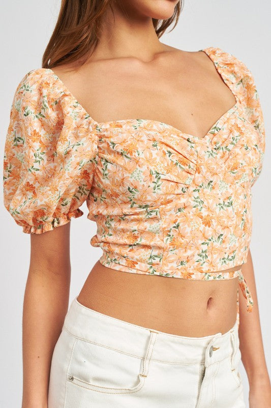 Prima Floral Print Puff Sleeves Cropped Top