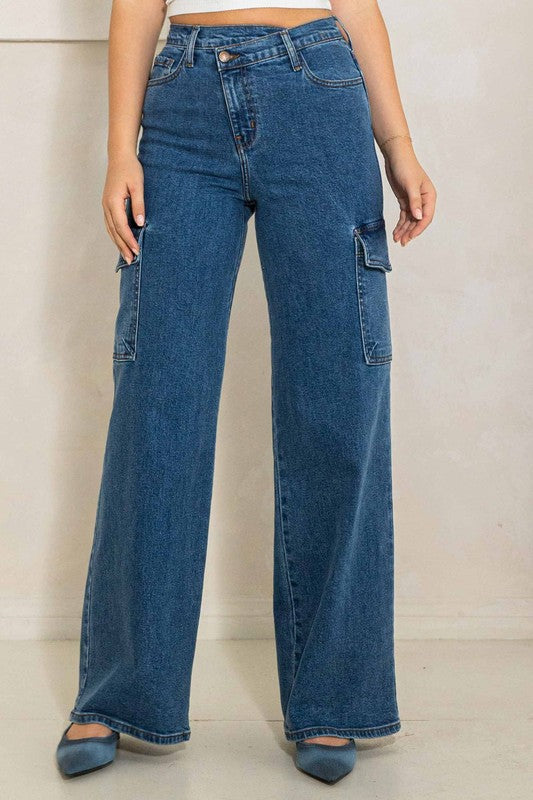 Talk About It High Rise Crossed Waist Cargo Jeans