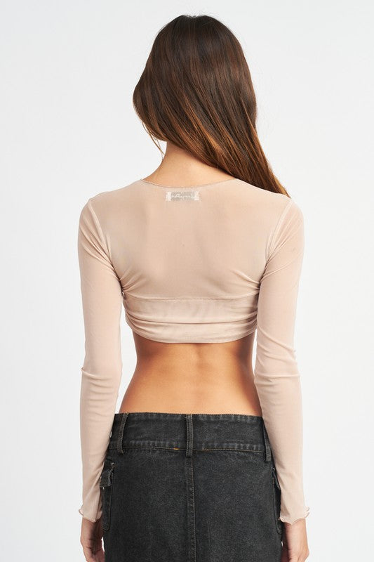 Monica Ruched Bust Long Sleeve Mesh Crop Top