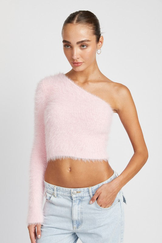 Cora One Shoulder Fuzzy Knit Cropped Top