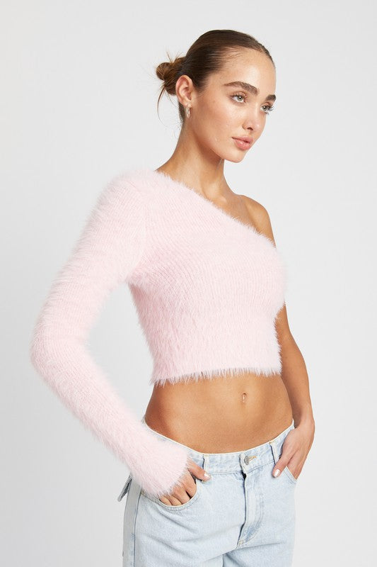 Cora One Shoulder Fuzzy Knit Cropped Top