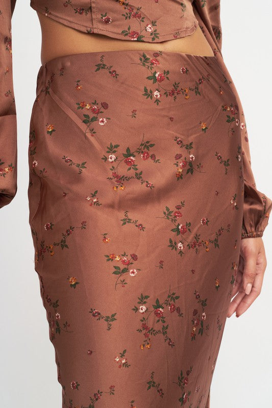 Caramello Floral Print Bias Cut Satin Maxi Skirt