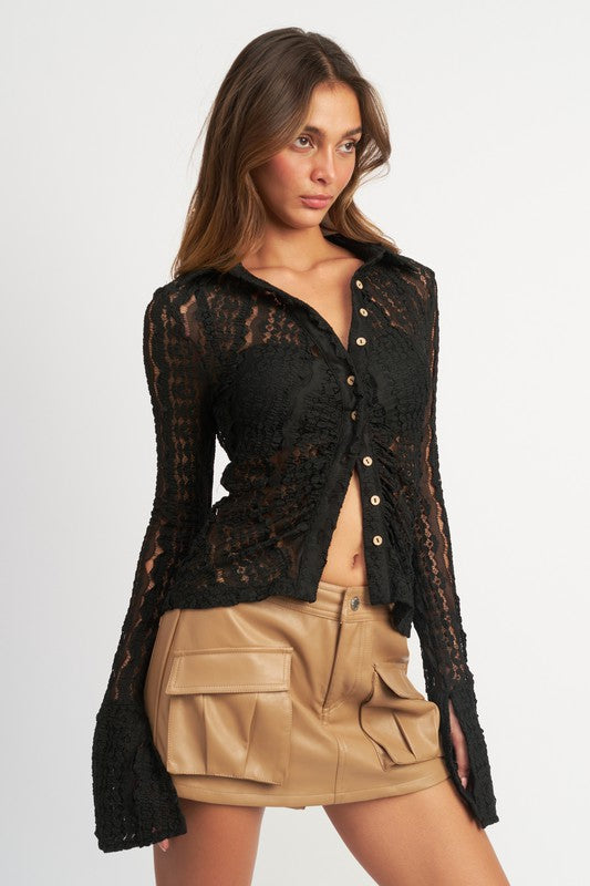 Vicki Lace Knit Bell Sleeves Button Front Top