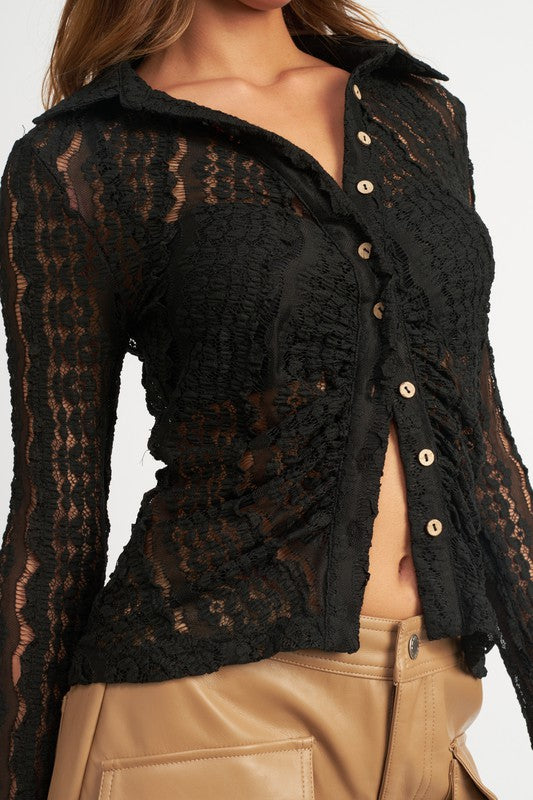 Vicki Lace Knit Bell Sleeves Button Front Top