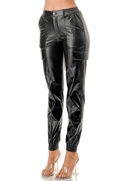 Kimmi Faux Leather Cargo Joggers
