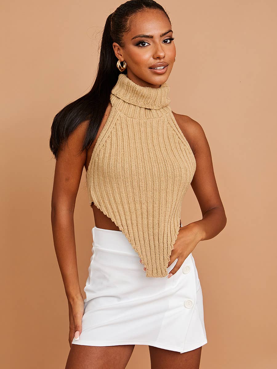 Trendsetter Asymmetric Hem High Neck Crop Top