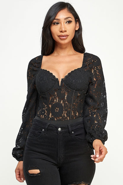 Georgia Lace Sweetheart Neck Long Sleeves Bodysuit