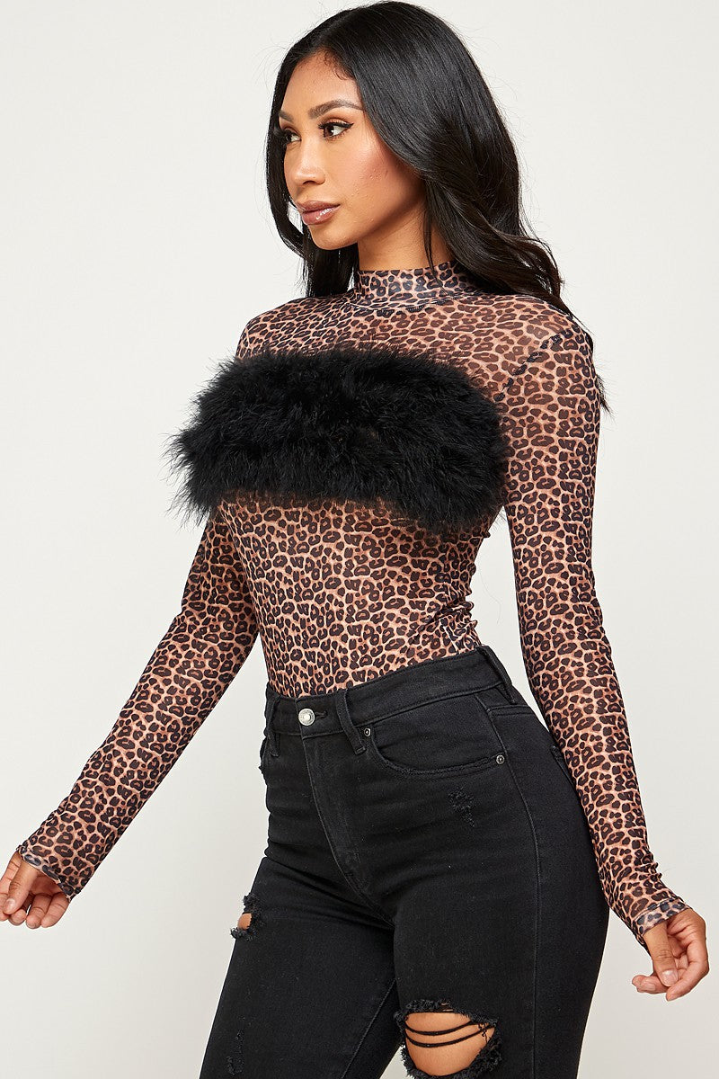 Morgan Faux Fur Trim Long Sleeve Leopard Print Bodysuit