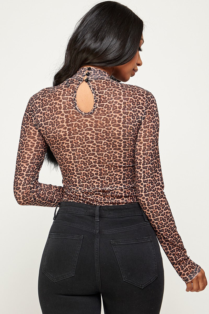 Morgan Faux Fur Trim Long Sleeve Leopard Print Bodysuit
