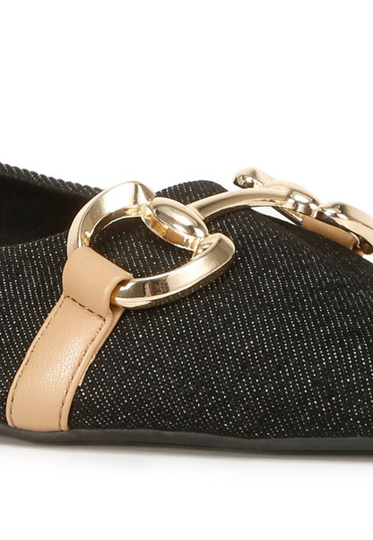 Cressida Gold Horsebit Detail Denim Ballet Flats