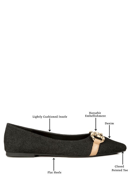 Cressida Gold Horsebit Detail Denim Ballet Flats