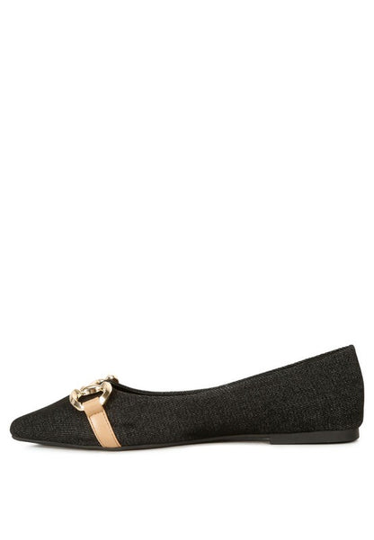 Cressida Gold Horsebit Detail Denim Ballet Flats