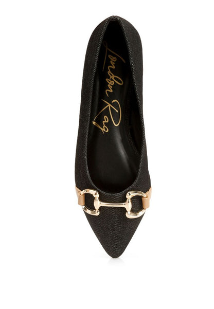 Cressida Gold Horsebit Detail Denim Ballet Flats